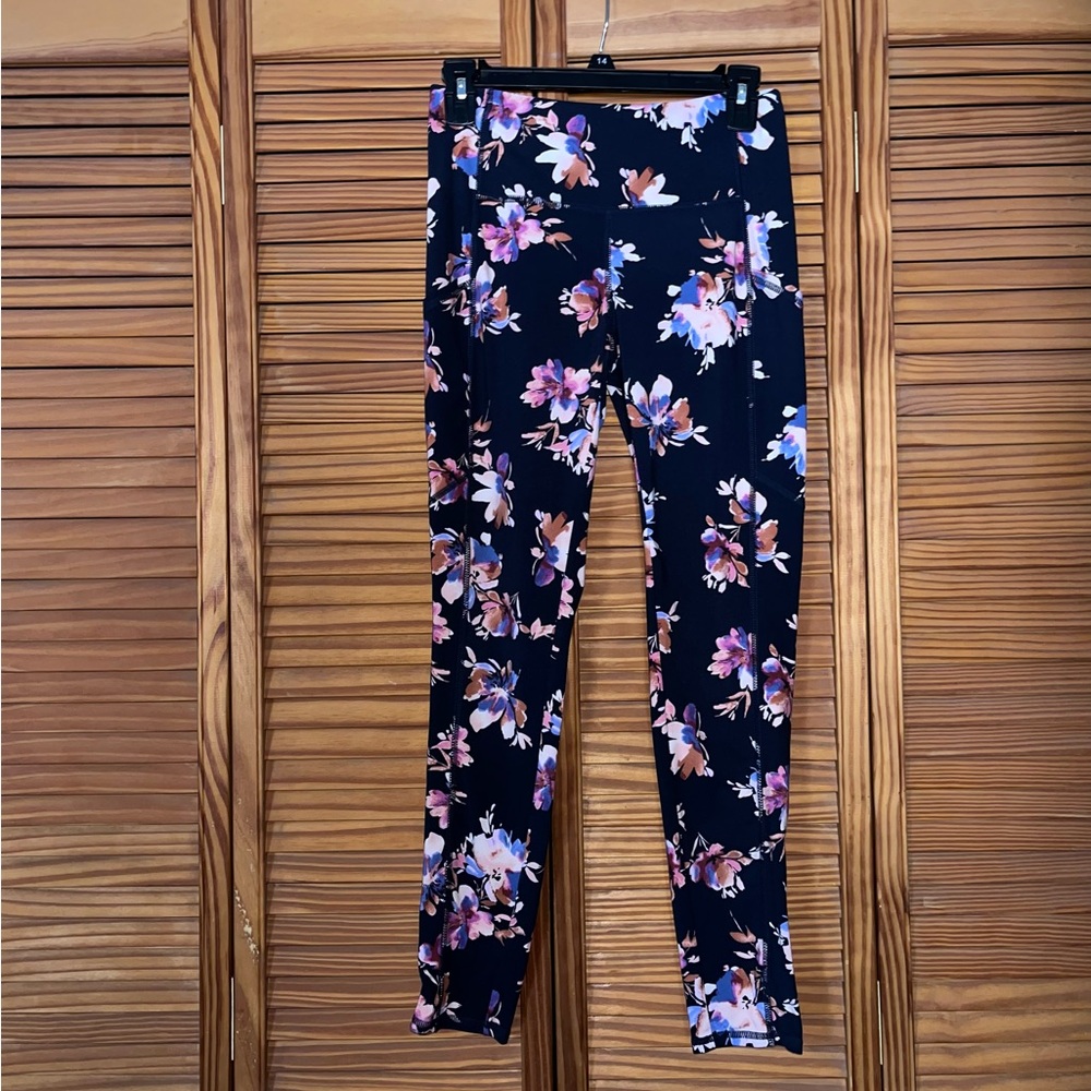 J‎ Jill Fit High Rise Performance Leggings Floral Blue XS With Pockets